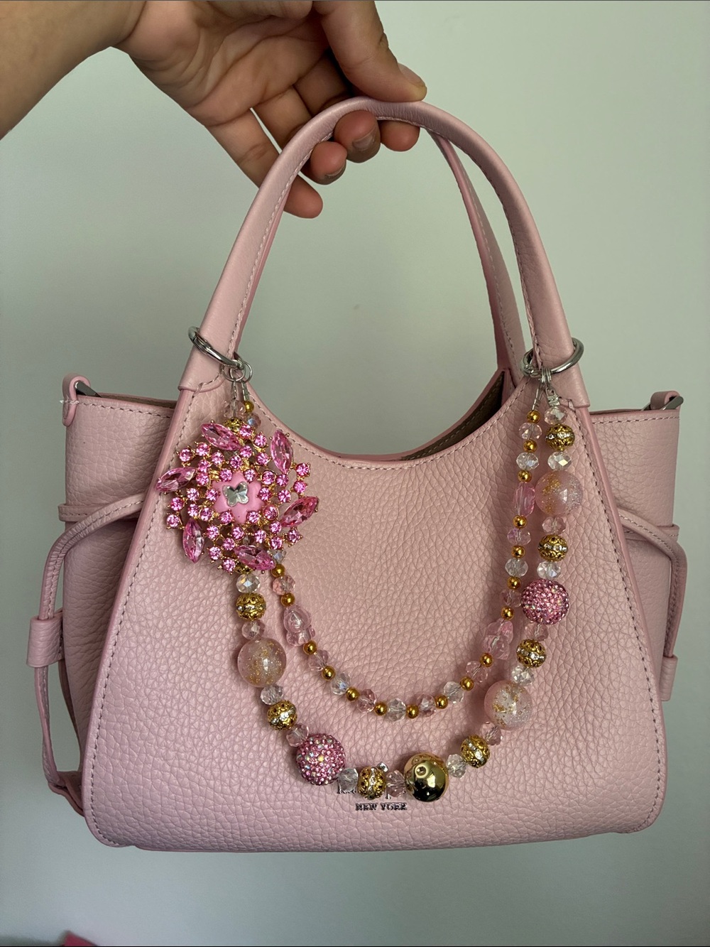 Pink Crystal Flower Charm Pendent Beaded Bag Chain